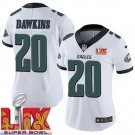 women's Philadelphia Eagles 20 Brian Dawkins Jersey White 2025 Super Bowl LIX Patch F.U.S.E Retired