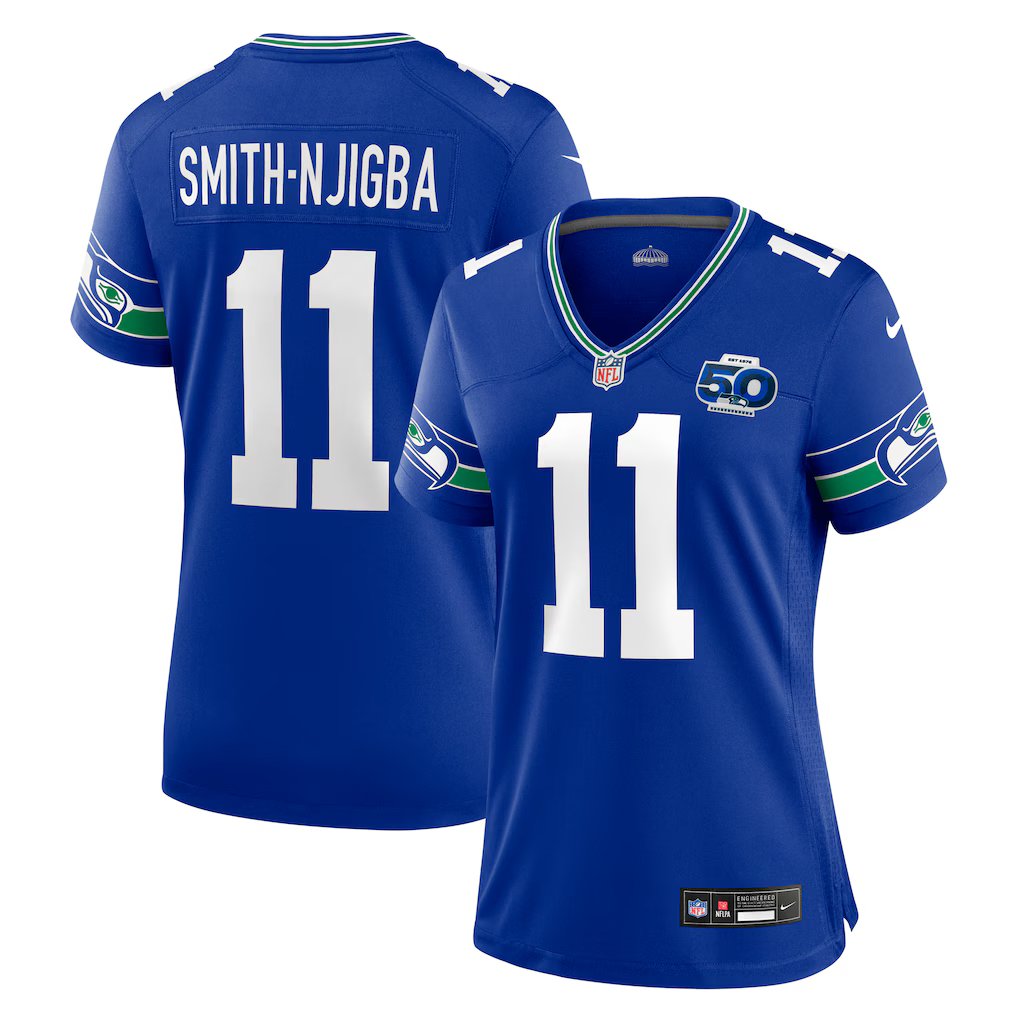 women's Seattle Seahawks 11 Jaxon Smith-Njigba Jersey Royal 2025 F.U.S.E 50th Patch Football Game