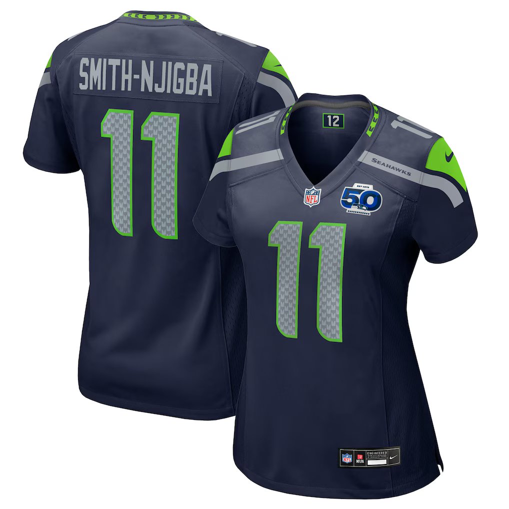 women's Seattle Seahawks 11 Jaxon Smith-Njigba Jersey Navy 2025 F.U.S.E 50th Patch Football Game