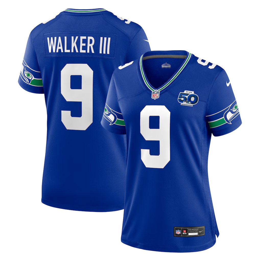 women's Seattle Seahawks 9 Kenneth Walker III Jersey Royal 2025 F.U.S.E 50th Patch Football Game