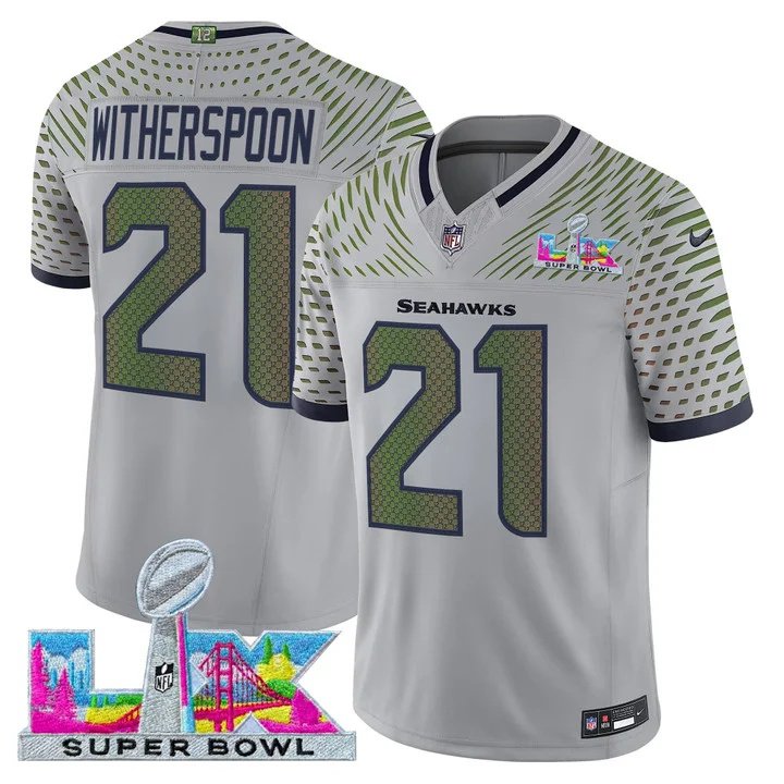 men's & kids Seattle Seahawks 21 Devon Witherspoon Jersey Grey 2026 Super Bowl LX Patch Football