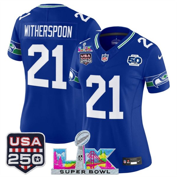 women's Seattle Seahawks 21 Devon Witherspoon Jersey Royal Super Bowl LX and 50th Season & USA 250'