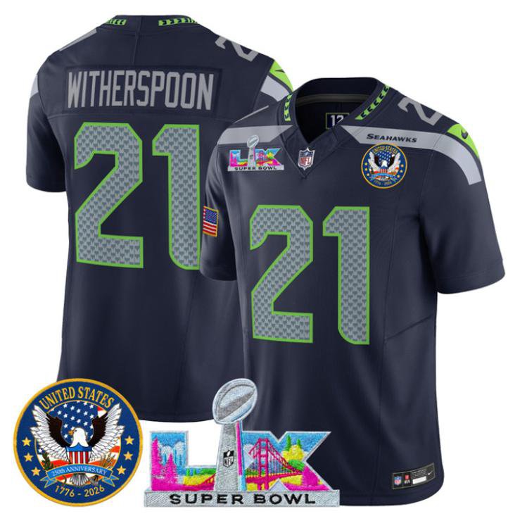 men's & kids Seahawks 21 Devon Witherspoon Jersey Navy Super Bowl LX and 250th Anniversary Patch