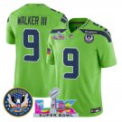 men's & kids Seahawks 9 Kenneth Walker III Jersey Green Super Bowl LX and 250th Anniversary Patch