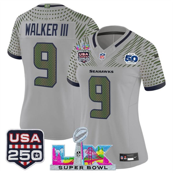 women's Seattle Seahawks 9 Kenneth Walker III Jersey Grey Super Bowl LX and 50th Season & USA 250'