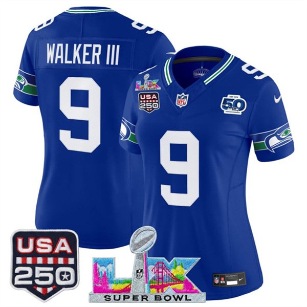 women's Seattle Seahawks 9 Kenneth Walker III Jersey Royal Super Bowl LX and 50th Season & USA 250'
