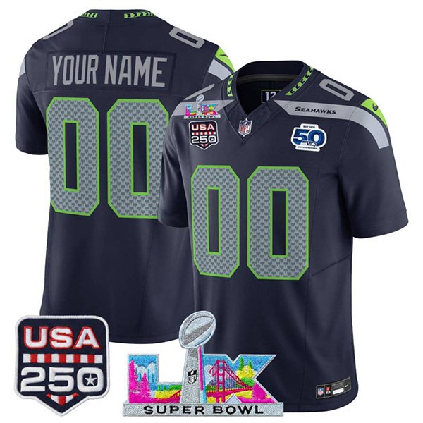 men's & kids Seahawks 00 Custom name number Jersey Navy Super Bowl LX and 50th Season & USA 250'