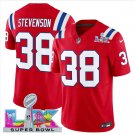 men's & kids New England Patriots 38 Rhamondre Stevenson Jersey Red 2026 Super Bowl LX Patch