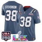 men's & kids New England Patriots 38 Rhamondre Stevenson Jersey Blue Super Bowl LX & USA 250' Patch