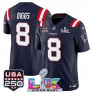 men's & kids New England Patriots 8 Stefon Diggs Jersey Navy 2026 Super Bowl LX and USA 250' Patch