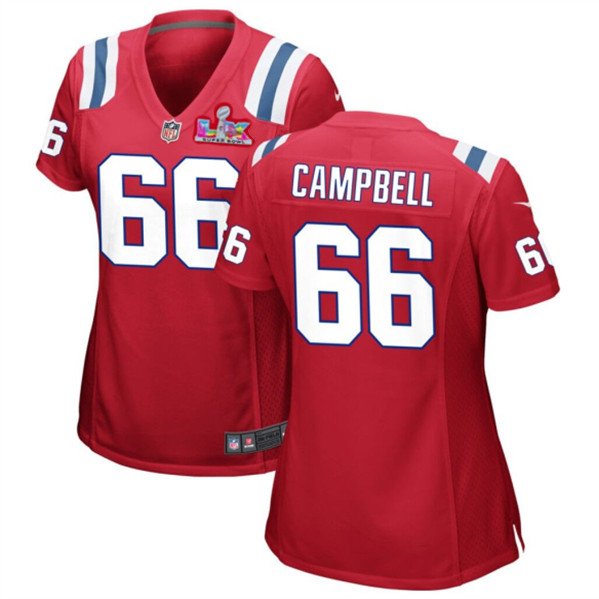 women's New England Patriots 66 Will Campbell Jersey Red 2026 Super Bowl LX Game Patch Football
