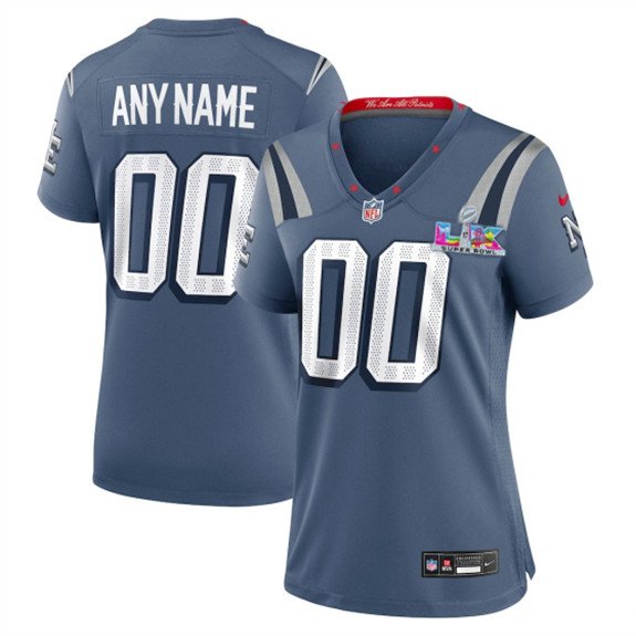 women's New England Patriots 00 Custom name number Jersey Blue 2026 Super Bowl LX Patch Football