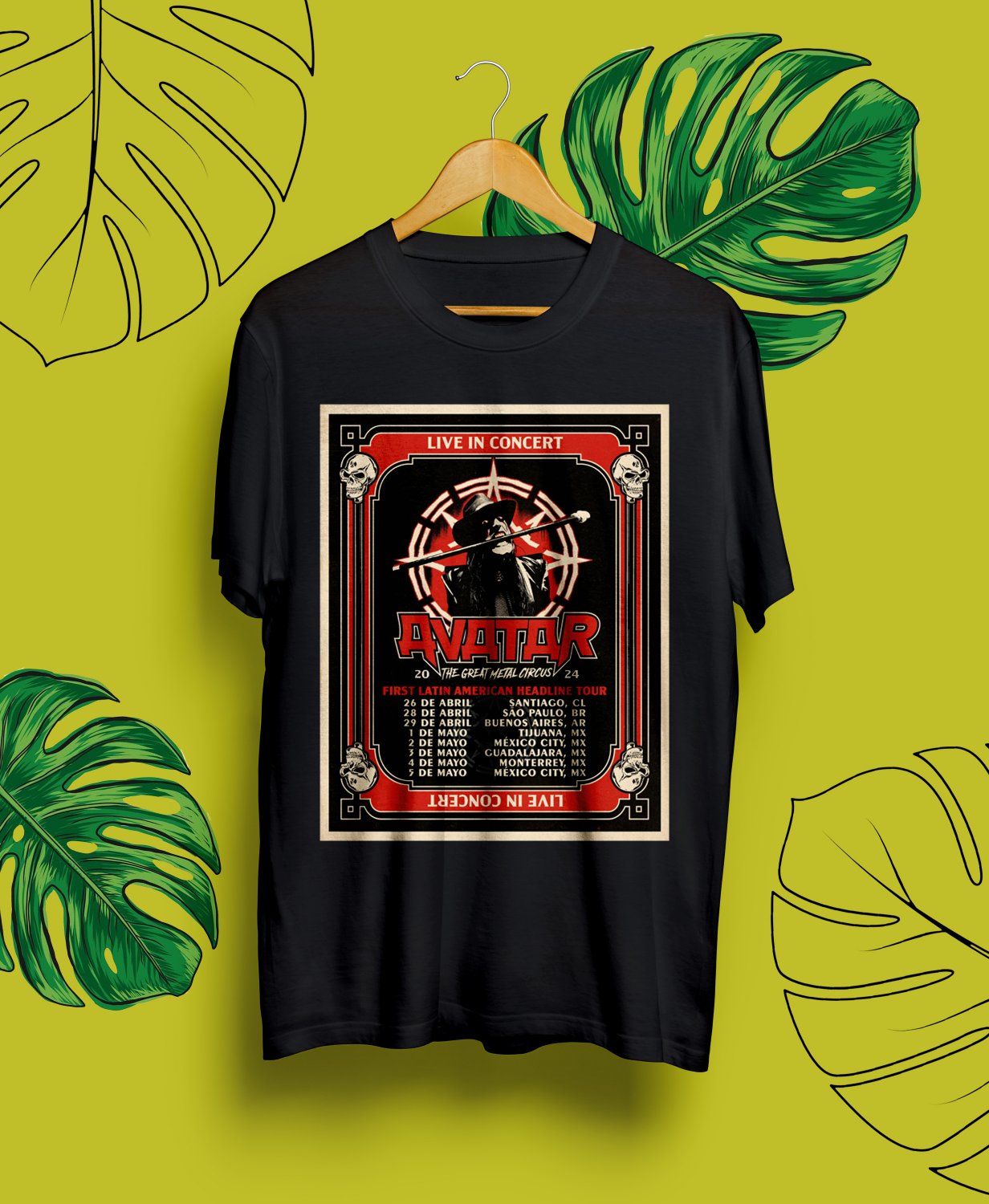 AVATAR THE GREAT METAL CIRCUS LATIN AMERICA TOUR DATE 2024.AVATAR TOUR.UNISEX FRONT BLACK TEE CS81