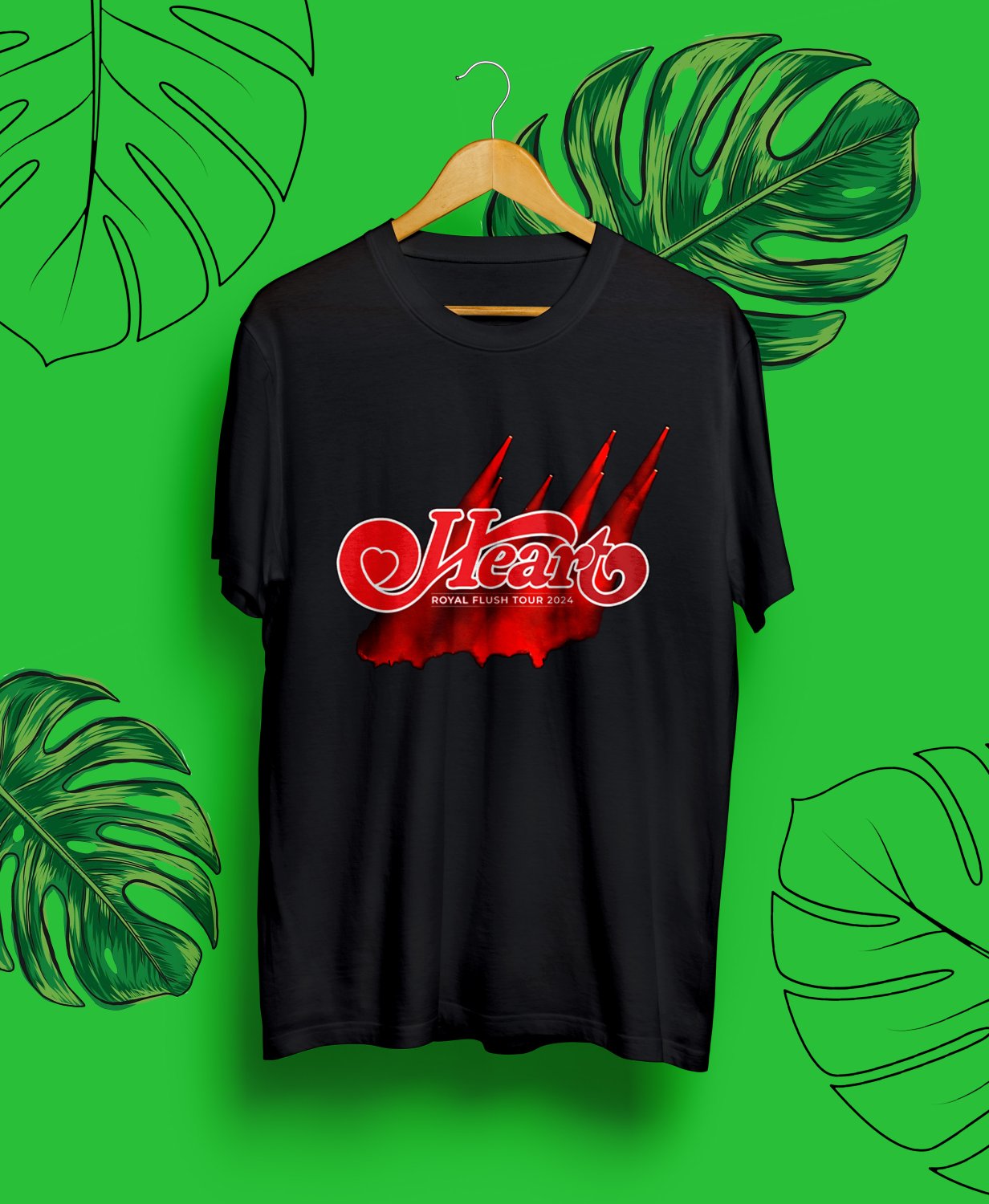 HEART ROYAL FLUSH LOGO TOUR 2024.HEART TOUR.UNISEX FRONT BLACK TEE CS81