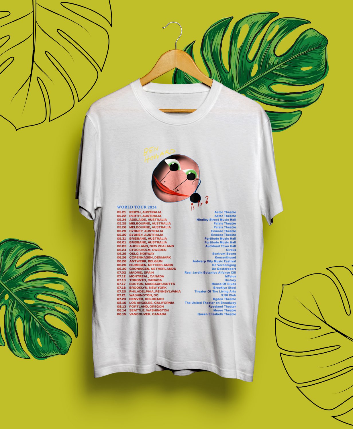 BEN HOWARD IS IT? TOUR DATE 2024.BEN HOWARD TOUR.UNISEX FRONT WHITE TEE CS82