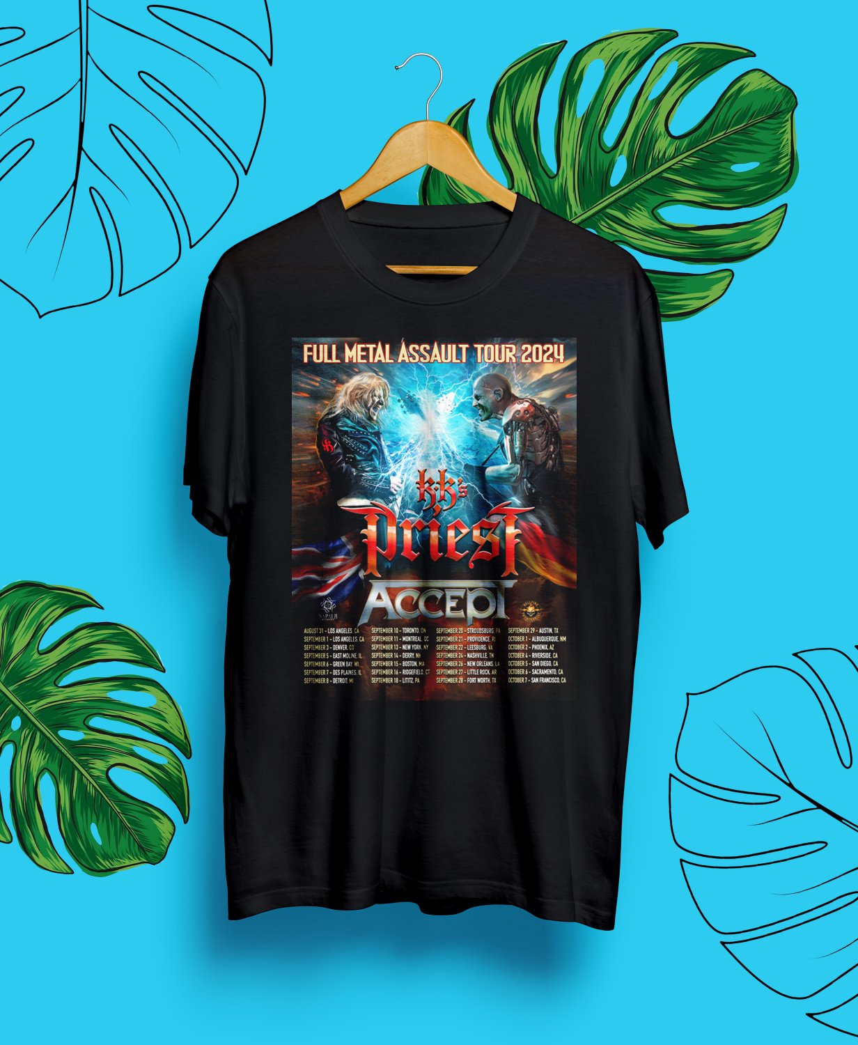 KK's PRIEST & ACCEPT FULL METAL ASSAULT TOUR DATE 2024.KK's PRIEST.UNISEX FRONT BLACK TEE CS81