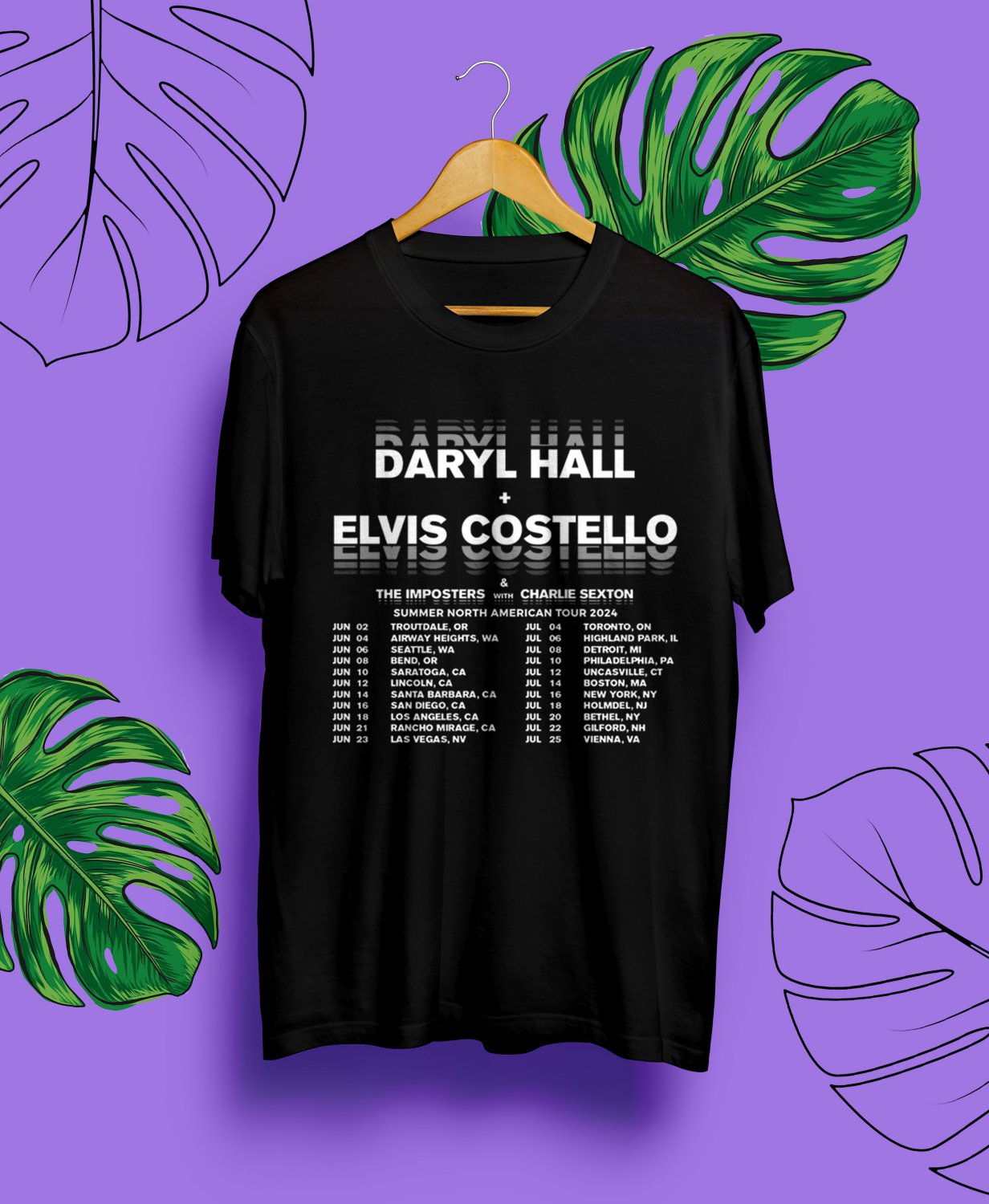 DARYL HALL & ELVIS COSTELLO SUMMER TOUR DATE 2024.DARYL HALL TOUR.UNISEX FRONT BLACK TEE CS81