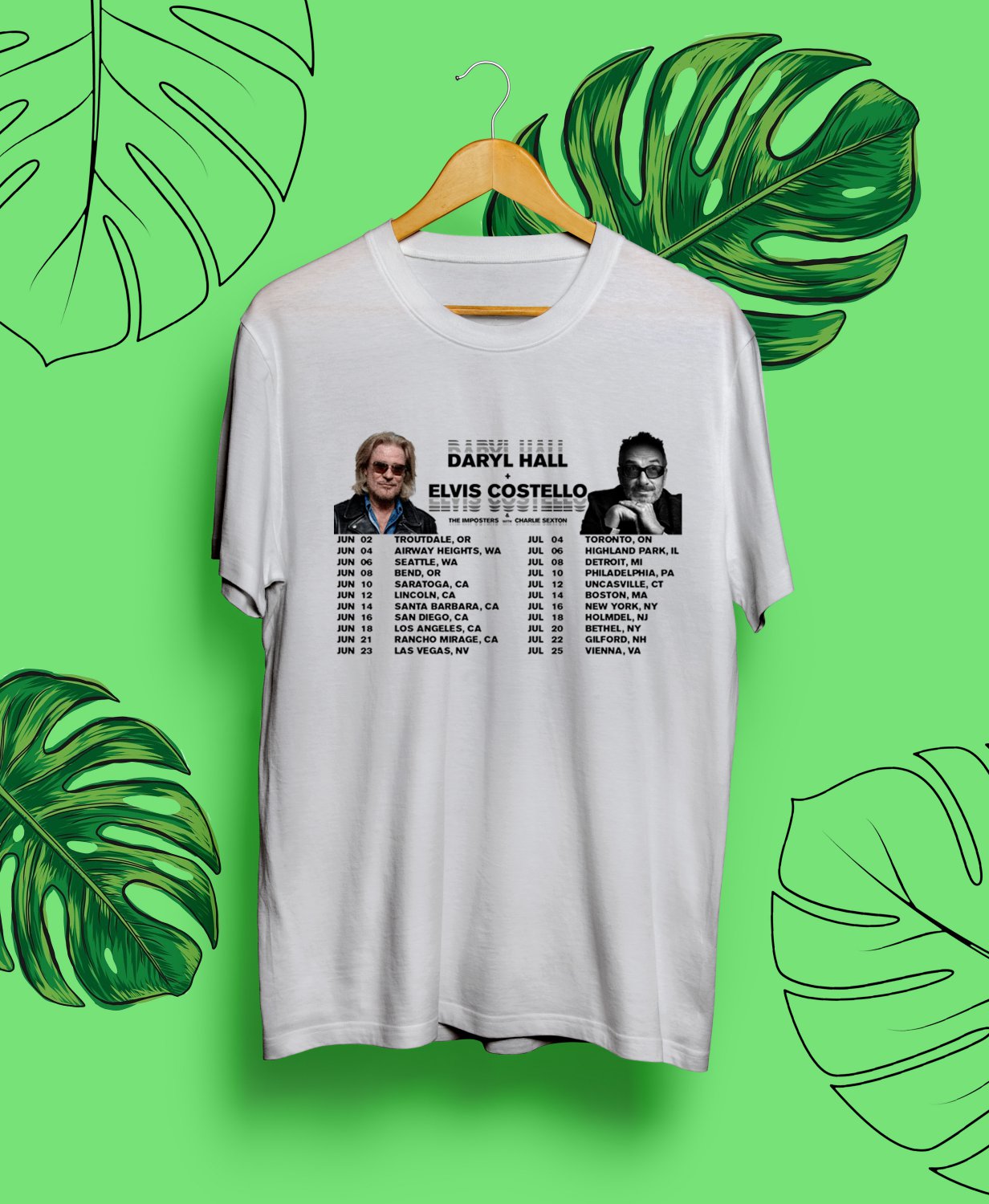 DARYL HALL & ELVIS COSTELLO SUMMER TOUR DATE 2024.DARYL HALL TOUR.UNISEX FRONT WHITE TEE CS81