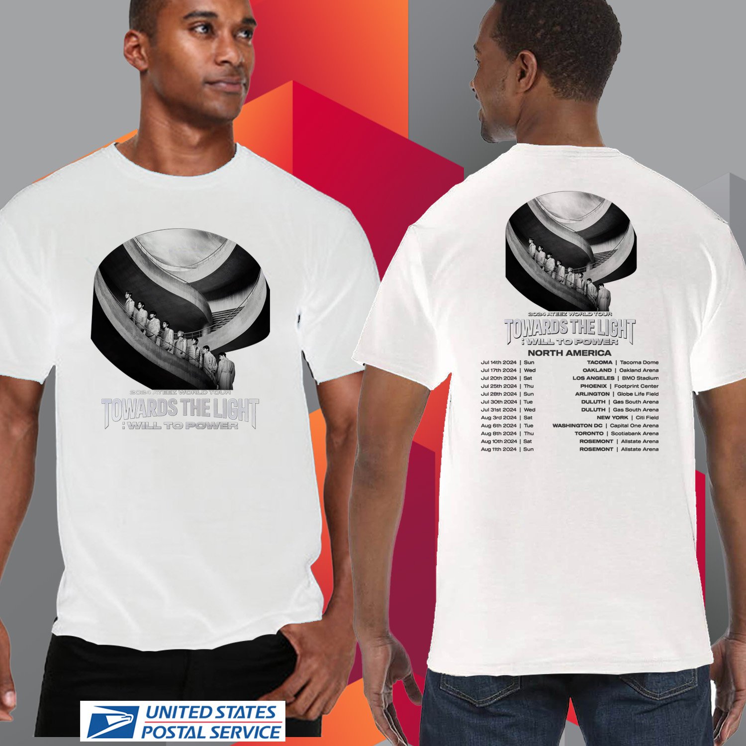 ATEEZ TOWARDS THE LIGHT N.AMERICA TOUR 2024. ATEEZ TOUR. ATEEZ. UNISEX WHITE TEE CS81