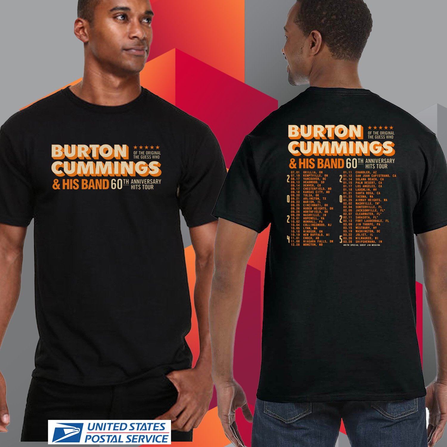 BURTON CUMMING & HIS BAND 60TH ANNIV TOUR 2024.BURTON CUMMING TOUR. UNISEX BLACK TEE CS81