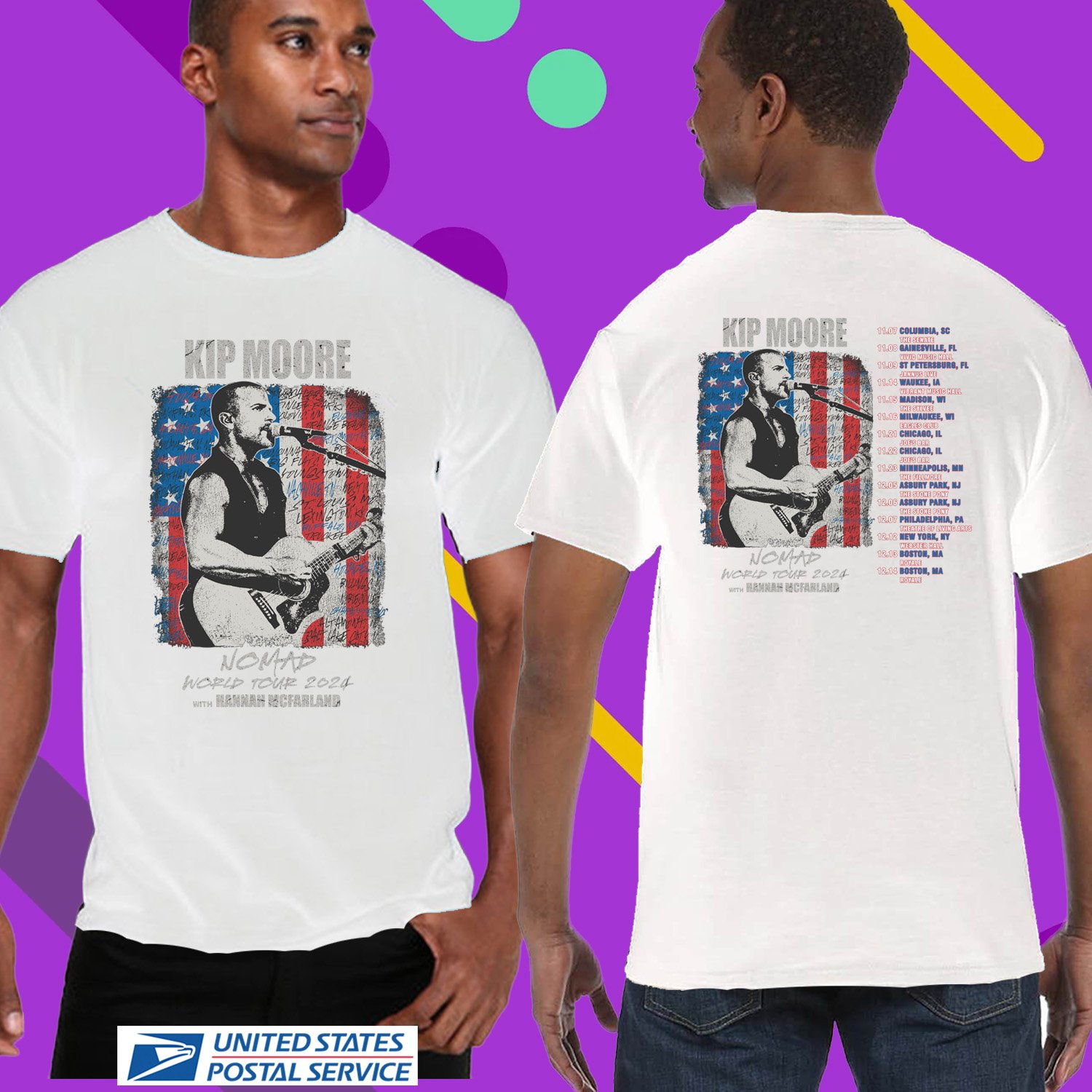 KIP MOORE NOMAD WORLD USA TOUR 2024. KIP MOORE TOUR. UNISEX WHITE TEE CS81