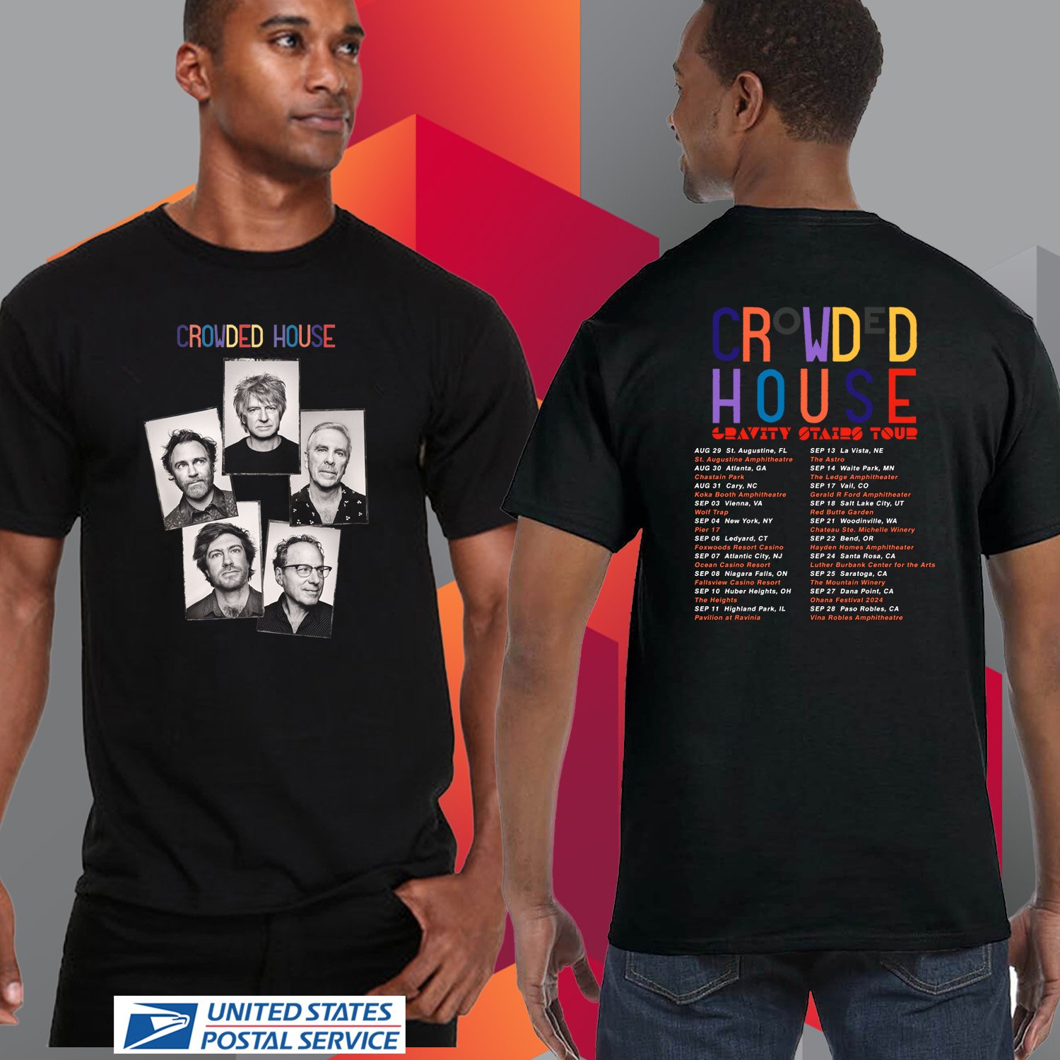 CROWDED HOUSE GRAITY STAIRS N.AMERICA TOUR 2024. CROWDED HOUSE. UNISEX BLACK TEE CS81