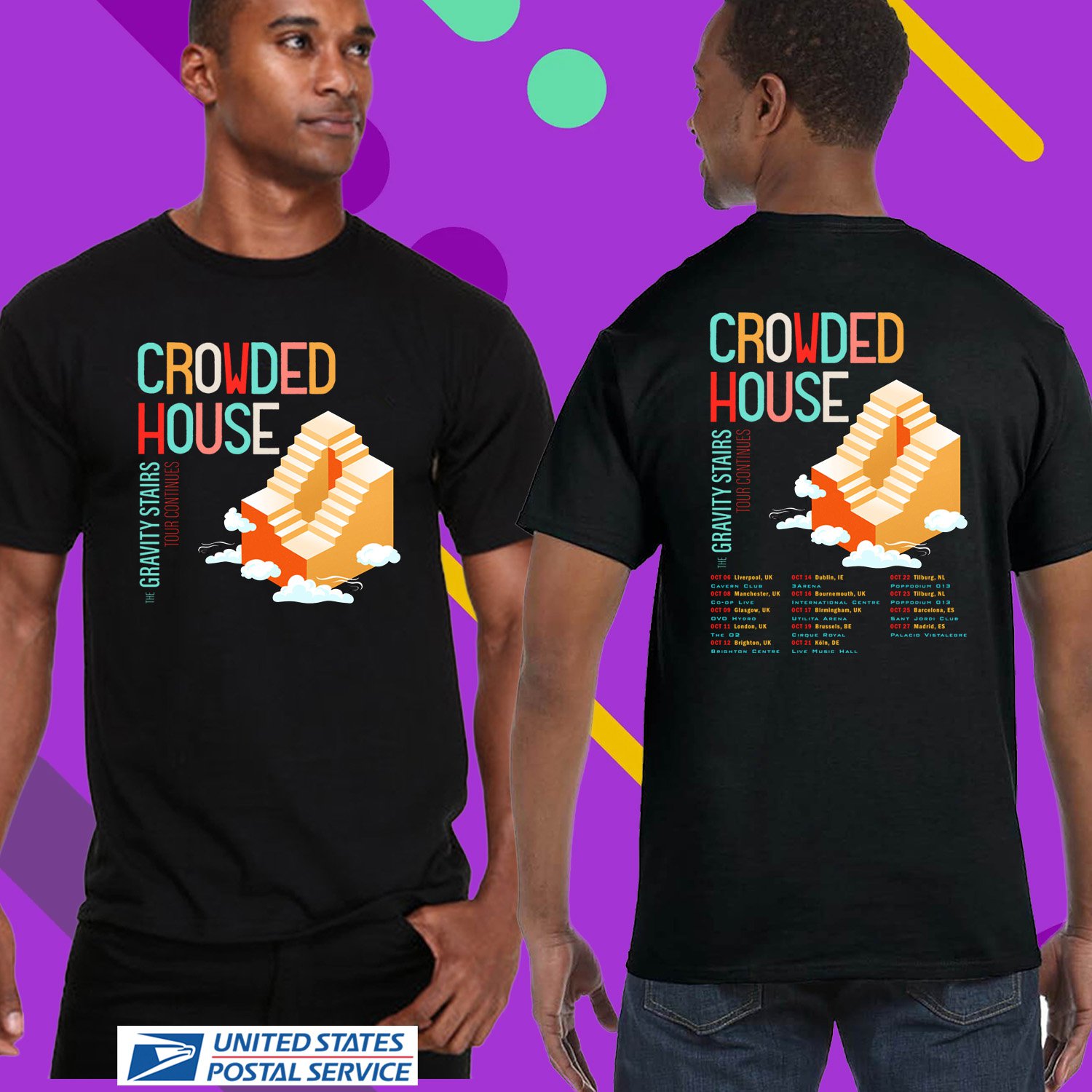 CROWDED HOUSE GRAITY STAIRS U.KINGDOM TOUR 2024. CROWDED HOUSE. UNISEX BLACK TEE CS81
