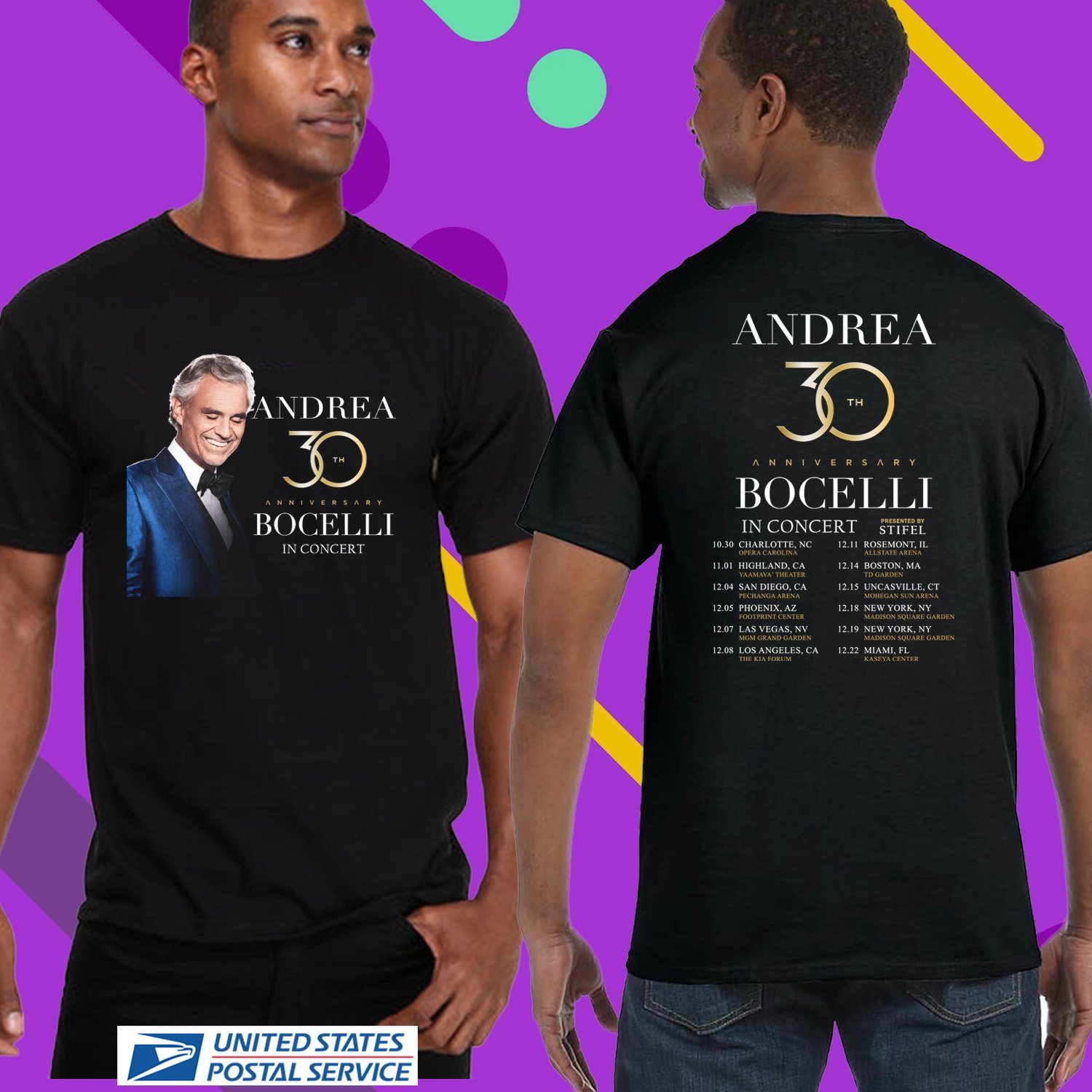 ANDREA BOCELLI 30TH ANNIVERSARY USA TOUR 2024. ANDREA BOCELLI TOUR. UNISEX BLACK TEE CS81