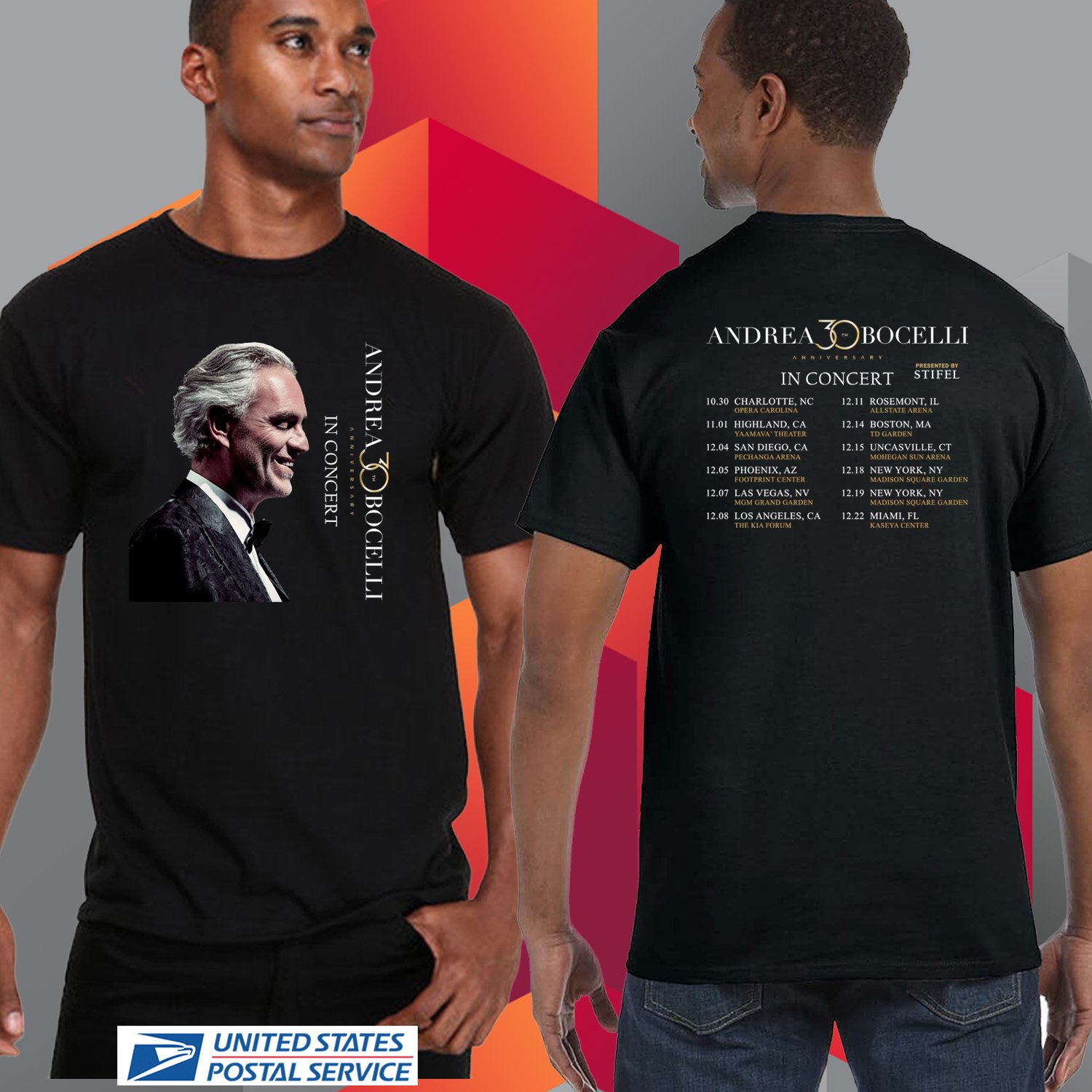 ANDREA BOCELLI 30TH ANNIVERSARY USA TOUR 2024. ANDREA BOCELLI TOUR. UNISEX BLACK TEE CS82