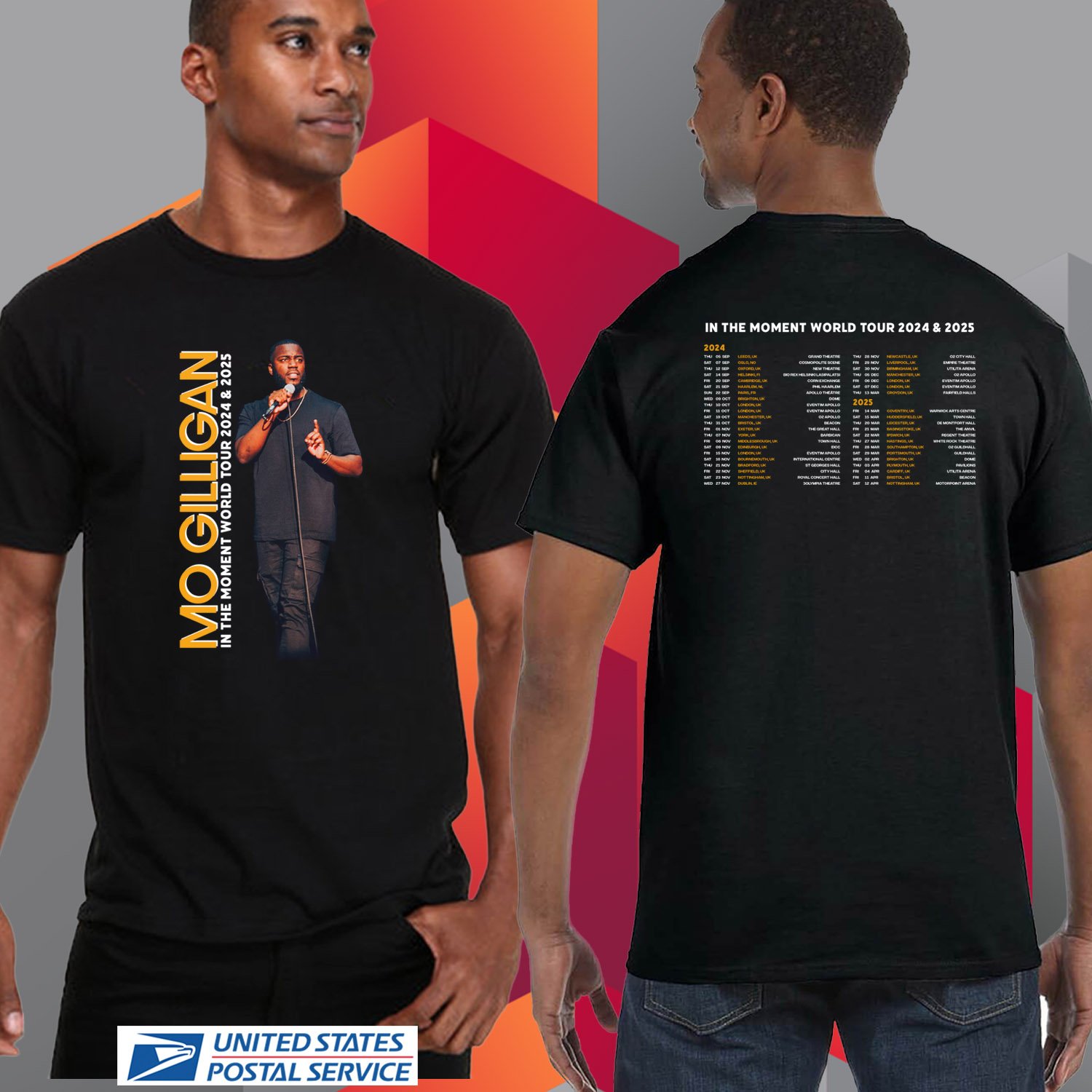 MO GILLIGAN IN THE MOMENT WORLD TOUR 2024. MO GILLIGAN TOUR. MO GILLIGAN. UNISEX BLACK TEE CS82