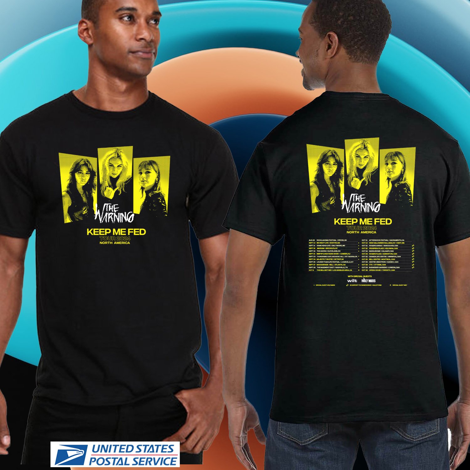 THE WARNING KEEP ME FEED TOUR 2024. THE WARNING TOUR. LTHE WARNING. UNISEX BLACK TEE CS81