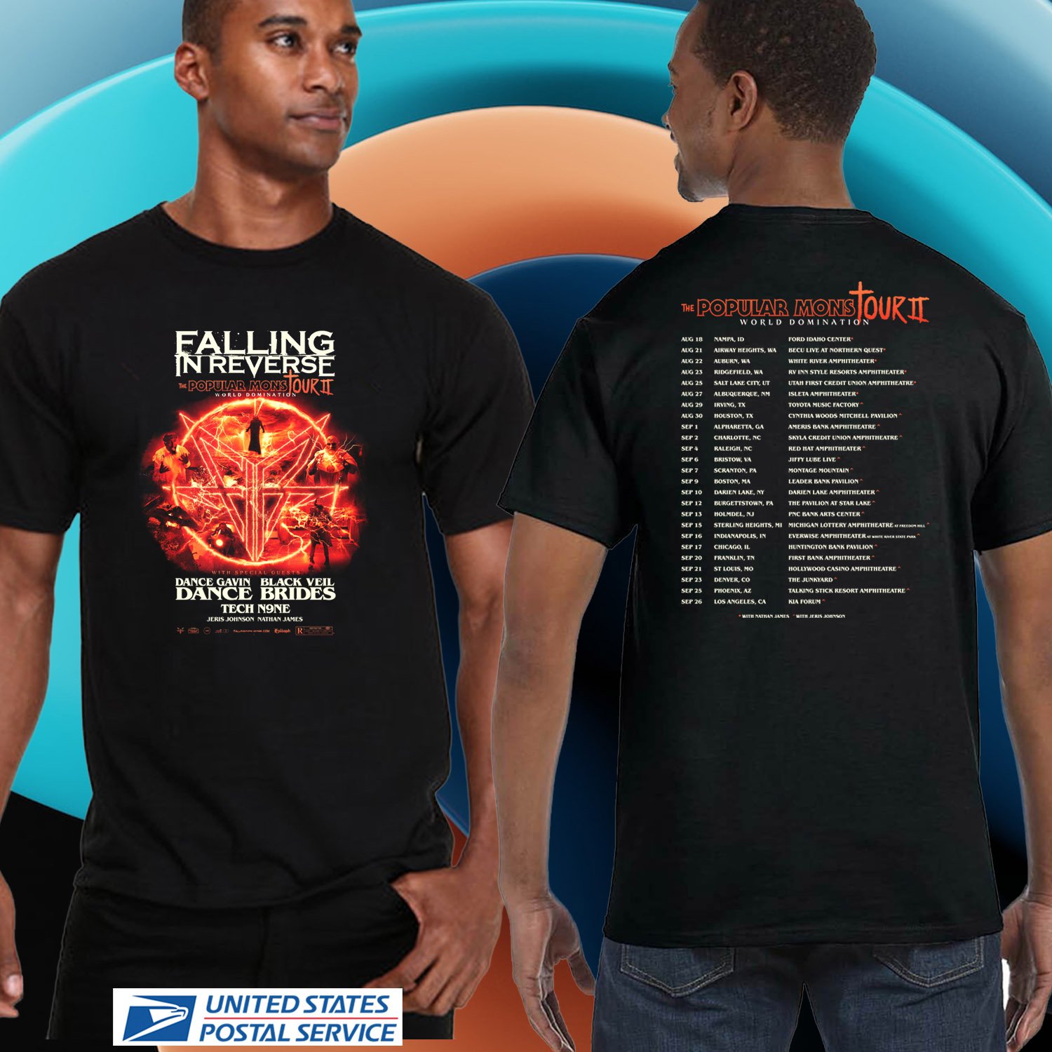 FALLING IN REVERSE THE POPULAR MONSTOUR 2 TOUR 2024. FALLING IN REVERSE. UNISEX BLACK TEE CS81