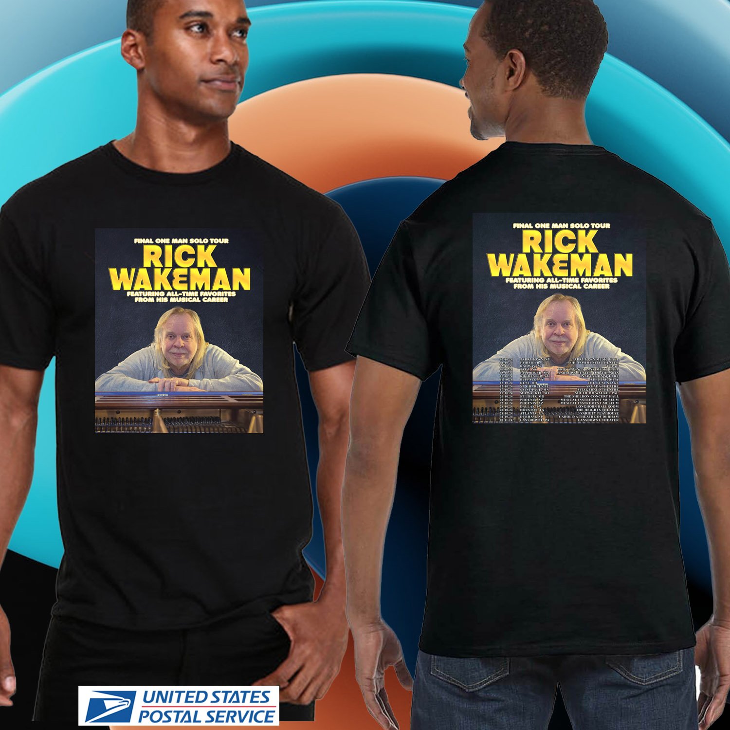 RICK WAKEMAN FINAL ONE MAN SOLO USA TOUR 2024. RICK WAKEMAN TOUR. UNISEX BLACK TEE CS81