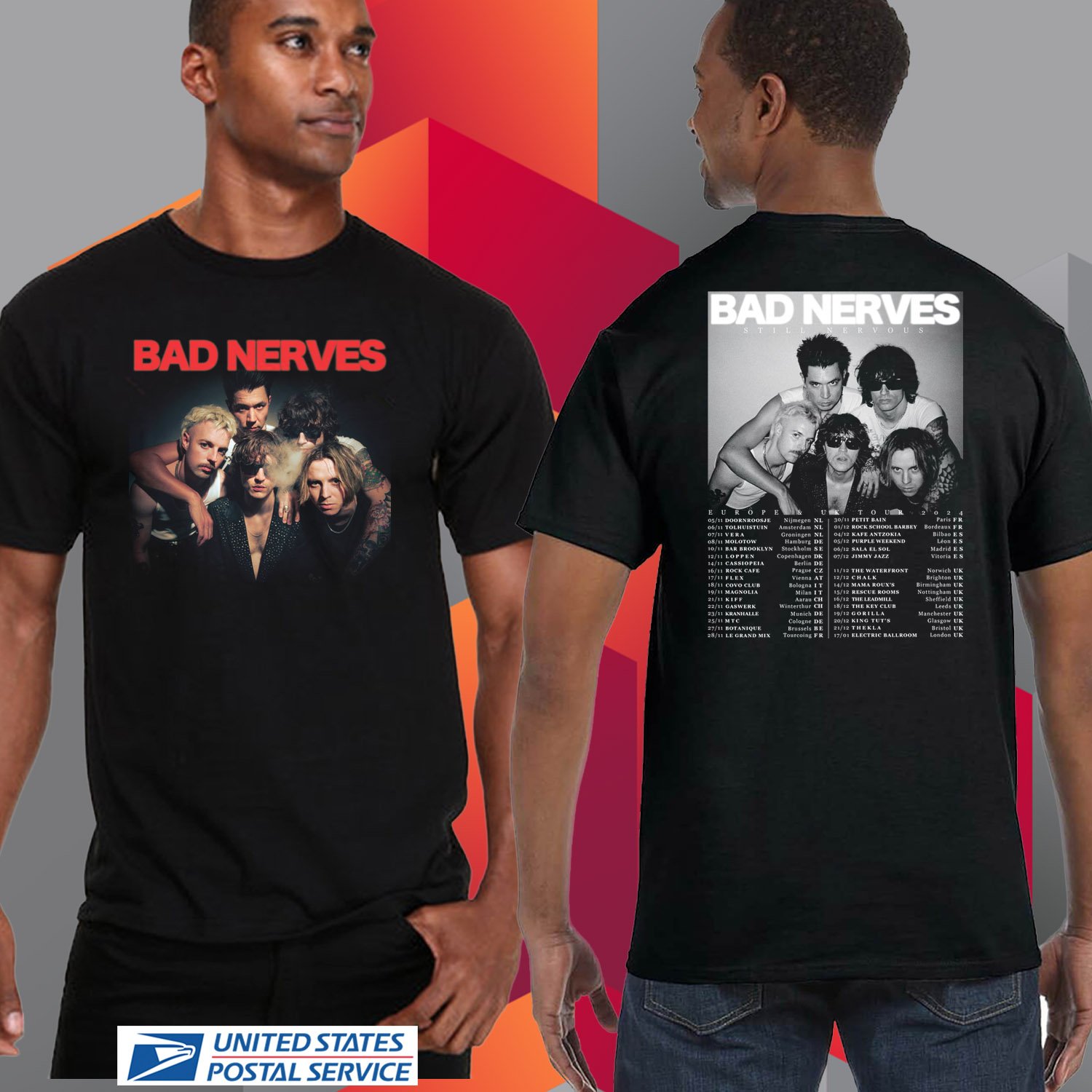 BAD NERVES STILL NERVOUS EU/UK TOUR 2024. BAD NERVES TOUR. UNISEX BLACK TEE CS81