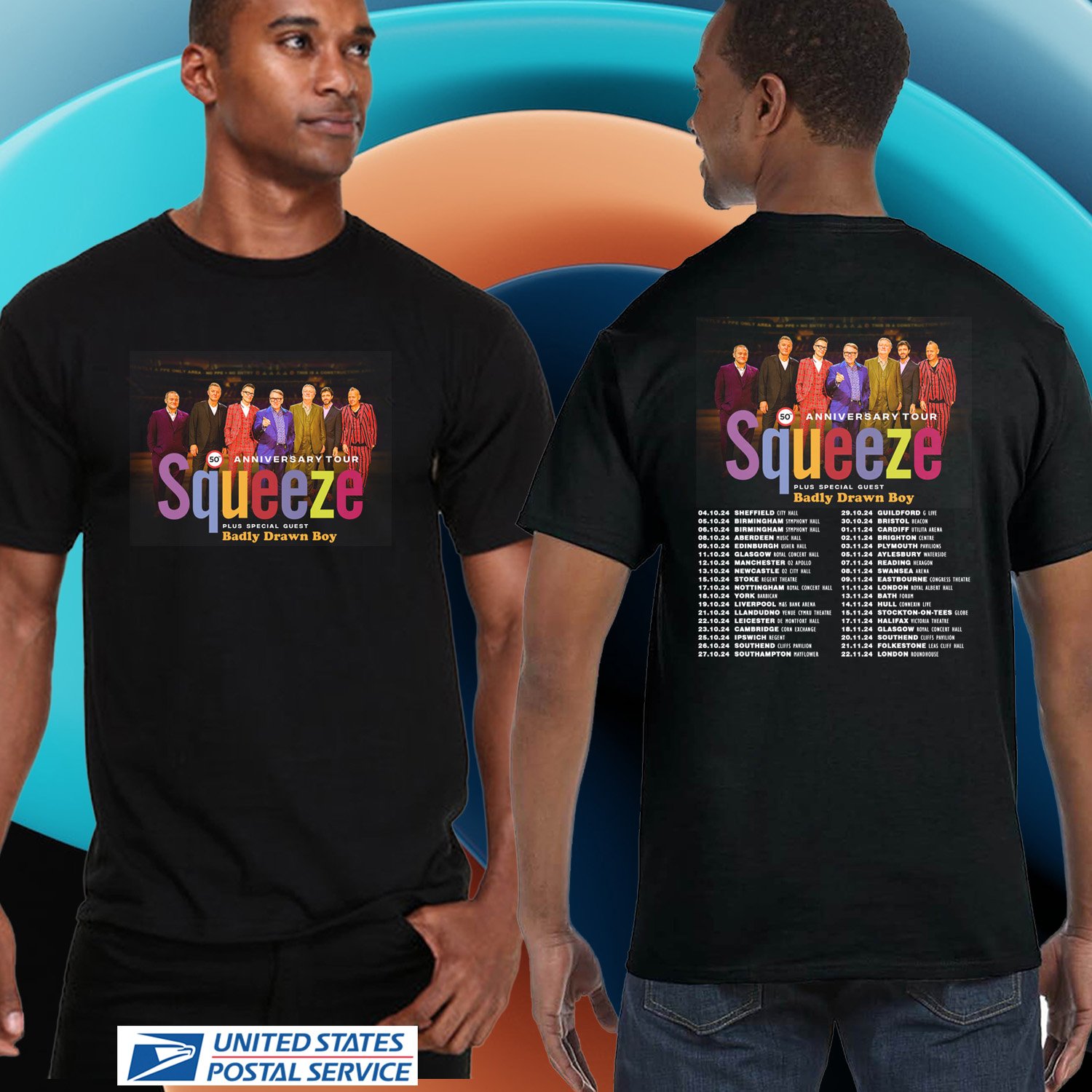 SQUEEZE 50TH ANNIVERSARY UNITED KINGDOM TOUR 2024. SQUEEZE TOUR. UNISEX BLACK TEE CS81
