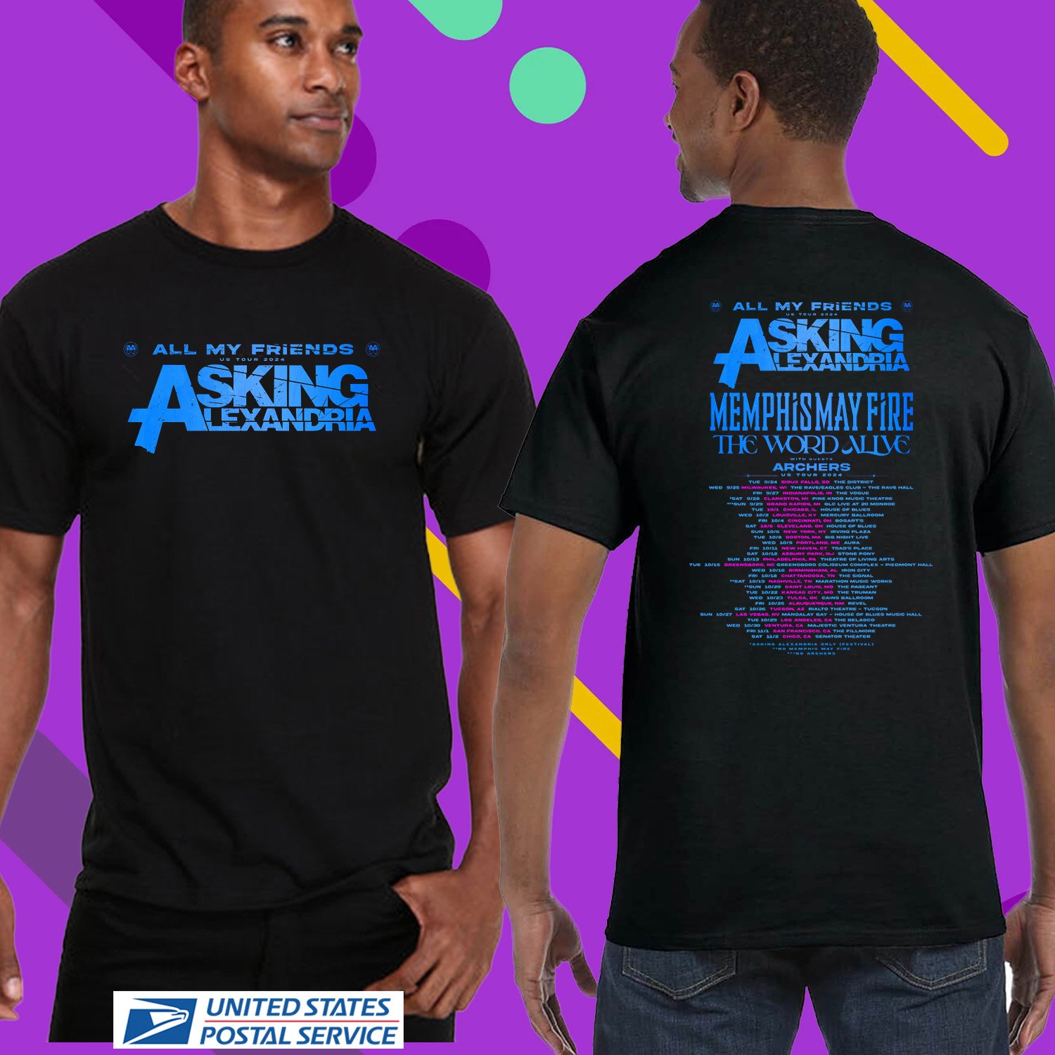 ASKING ALEXANDRIA ALL MY FRIENDS FALL TOUR 2024. ASKING ALEXANDRIA TOUR. UNISEX BLACK TEE CS81
