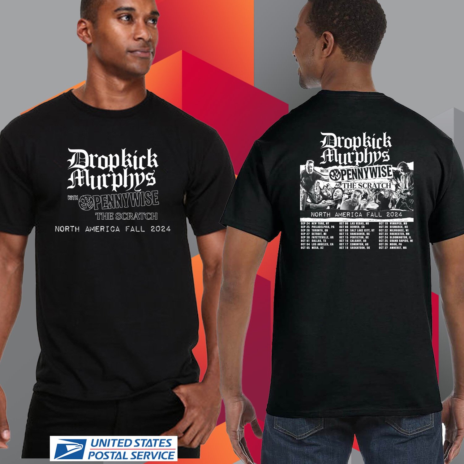 DROPKICK MURPHY'S W PENNYWISE FALL TOUR 2024. DROPKICK MURPHY'S TOUR. UNISEX BLACK TEE CS81