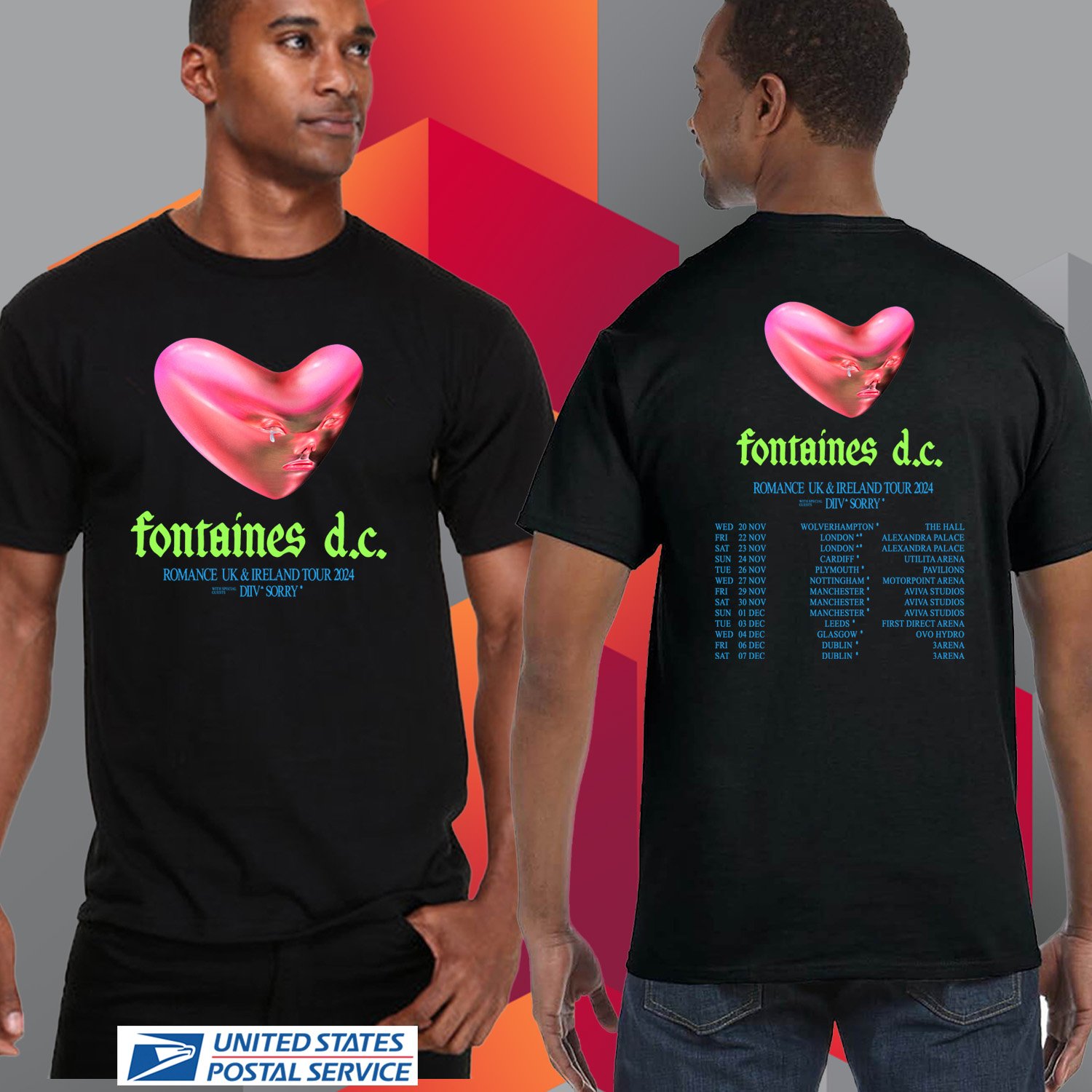 FONTAINES D.C. ROMANCE UNITED KINGDOM TOUR 2024. FONTAINES D.C. UNISEX BLACK TEE CS81
