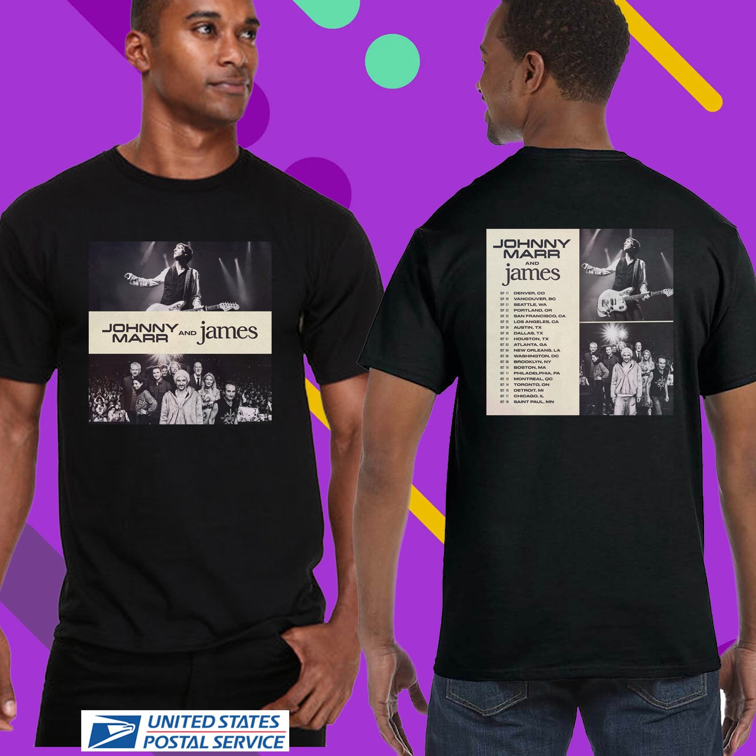 JOHNNY MARR & JAMES FALL TOUR 2024. JOHNNY MARR TOUR. UNISEX BLACK TEE CS81