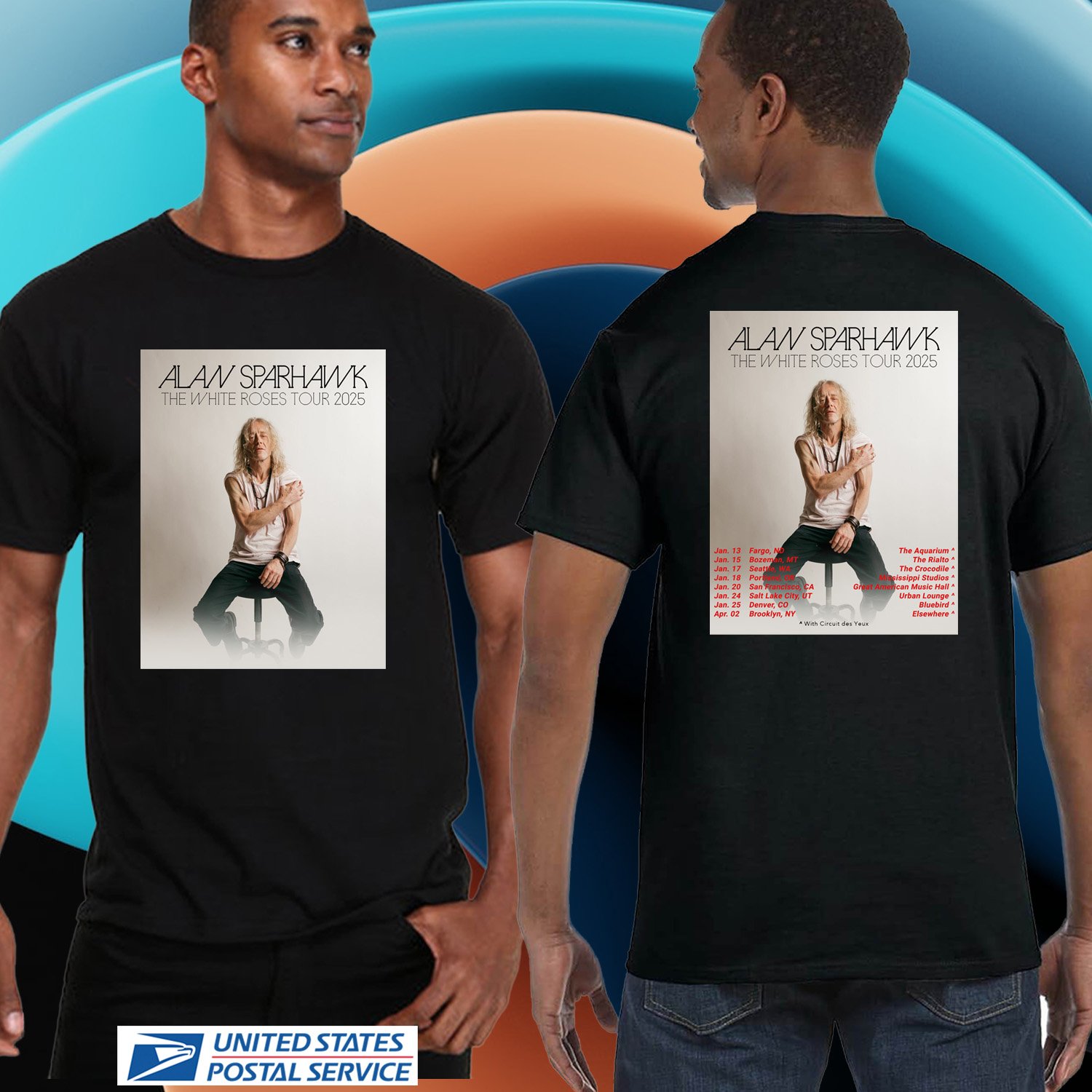 ALAN SPARHAWK THE WHITE ROSES N. AMERICAN TOUR 2025. ALAN SPARHAWK TOUR. UNISEX BLACK TEE CS81