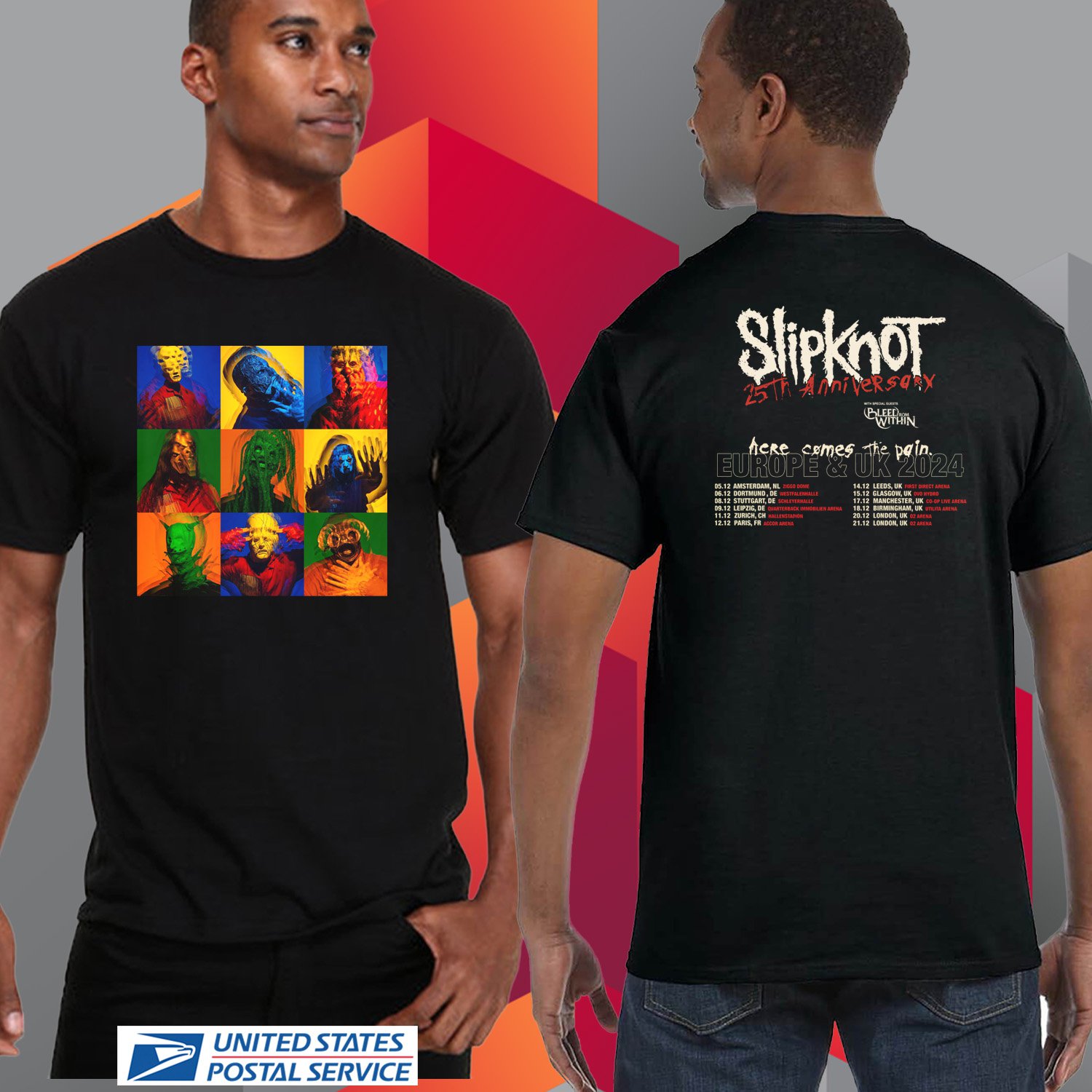 SLIPKNOT 25TH ANNIV HERE COMES THE PAIN EUROPE UK TOUR 2024. SLIPKNOT. UNISEX BLACK TEE CS81