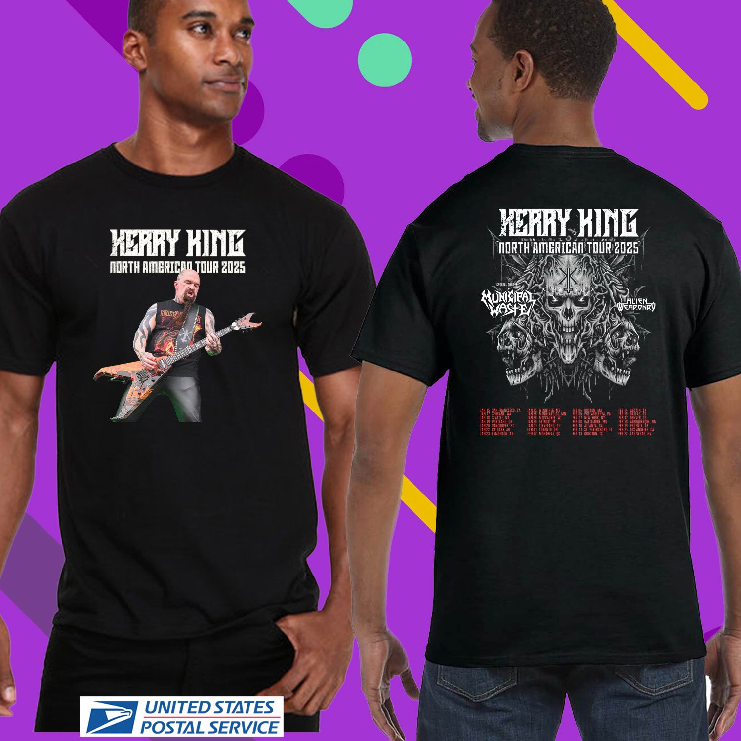 KERRY KING WITH MUNICIPAL WASTE NORTH AMERICAN TOUR 2025. KERRY KING. UNISEX BLACK TEE CS81