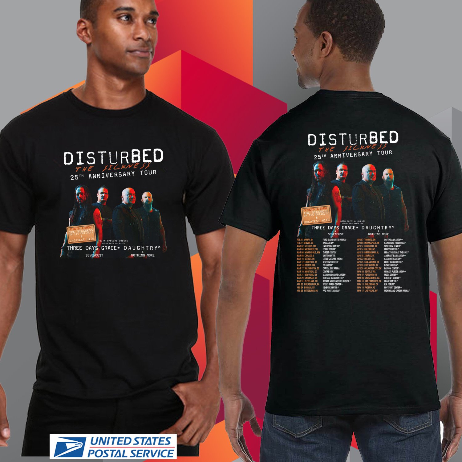 DISTURBED THE SICKNESS 25TH ANNIV NORTH AMERICAN TOUR 2025. DISTURBED. UNISEX BLACK TEE CS81