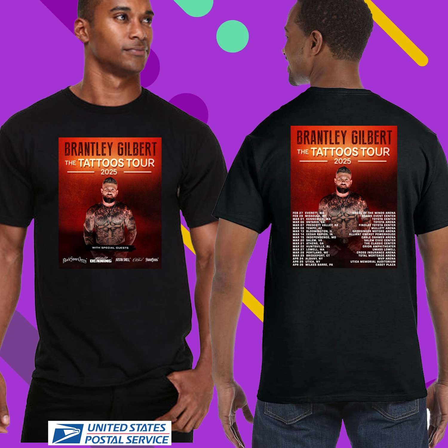 BRANTLEY GILBERT THE TATTOOS USA TOUR 2025. BRANTLEY GILBERT. UNISEX BLACK TEE CS81