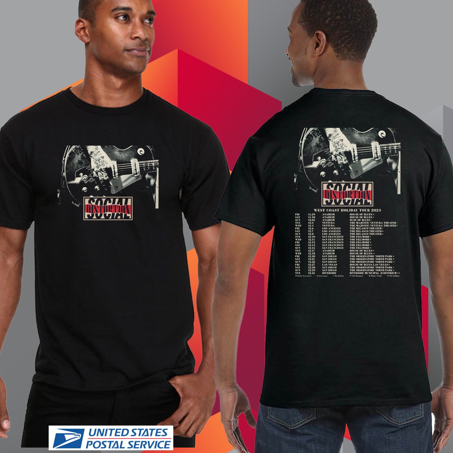 SOCIAL DISTORTION WEST COAST HOLIDAY TOUR 2024. SOCIAL DISTORTION. UNISEX BLACK TEE CS81