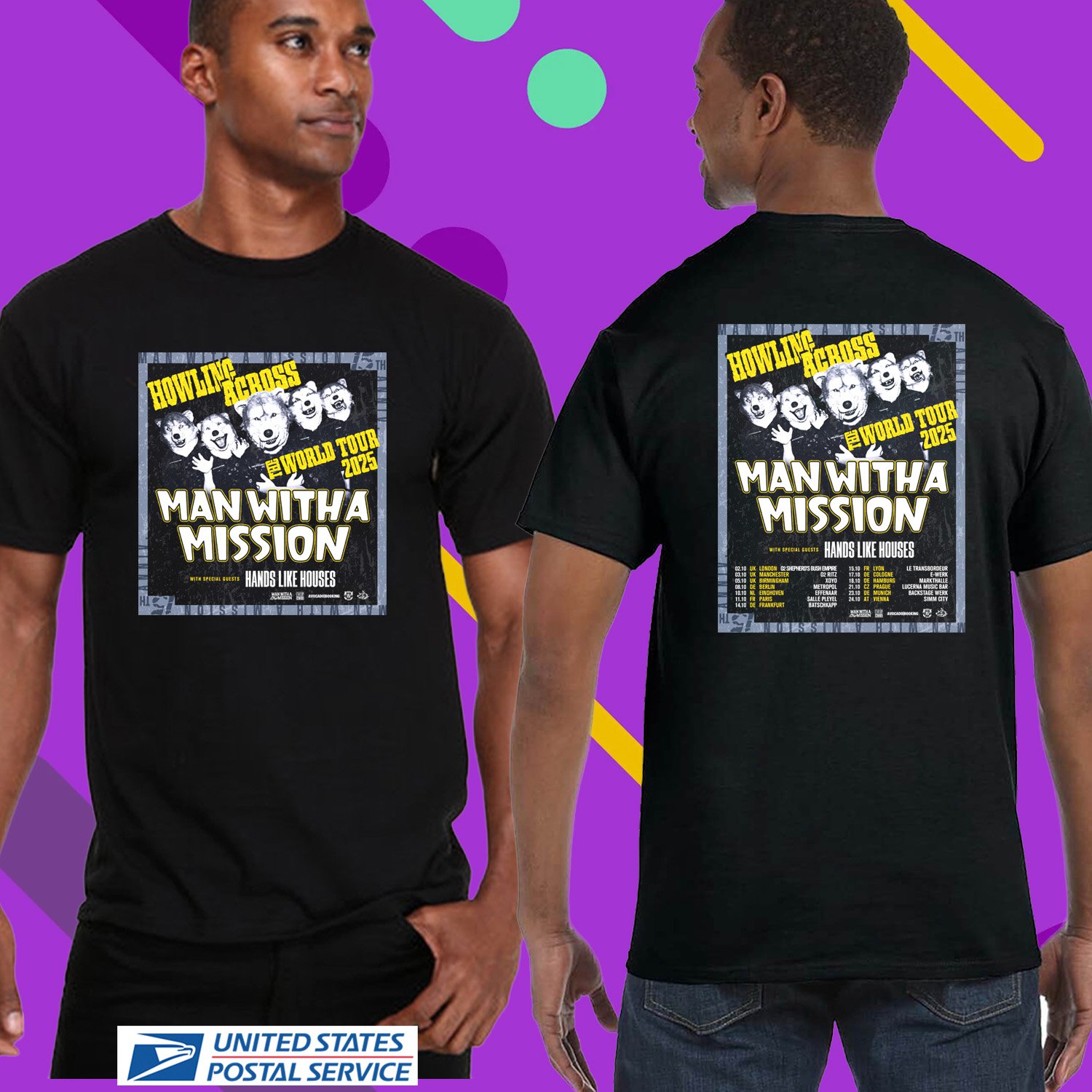 MAN WITH MISSION 15TH HOWLING ACROSS THE WORLD EU TOUR 2025. MAN WITH MISSION. UNISEX BLACK TEE CS81