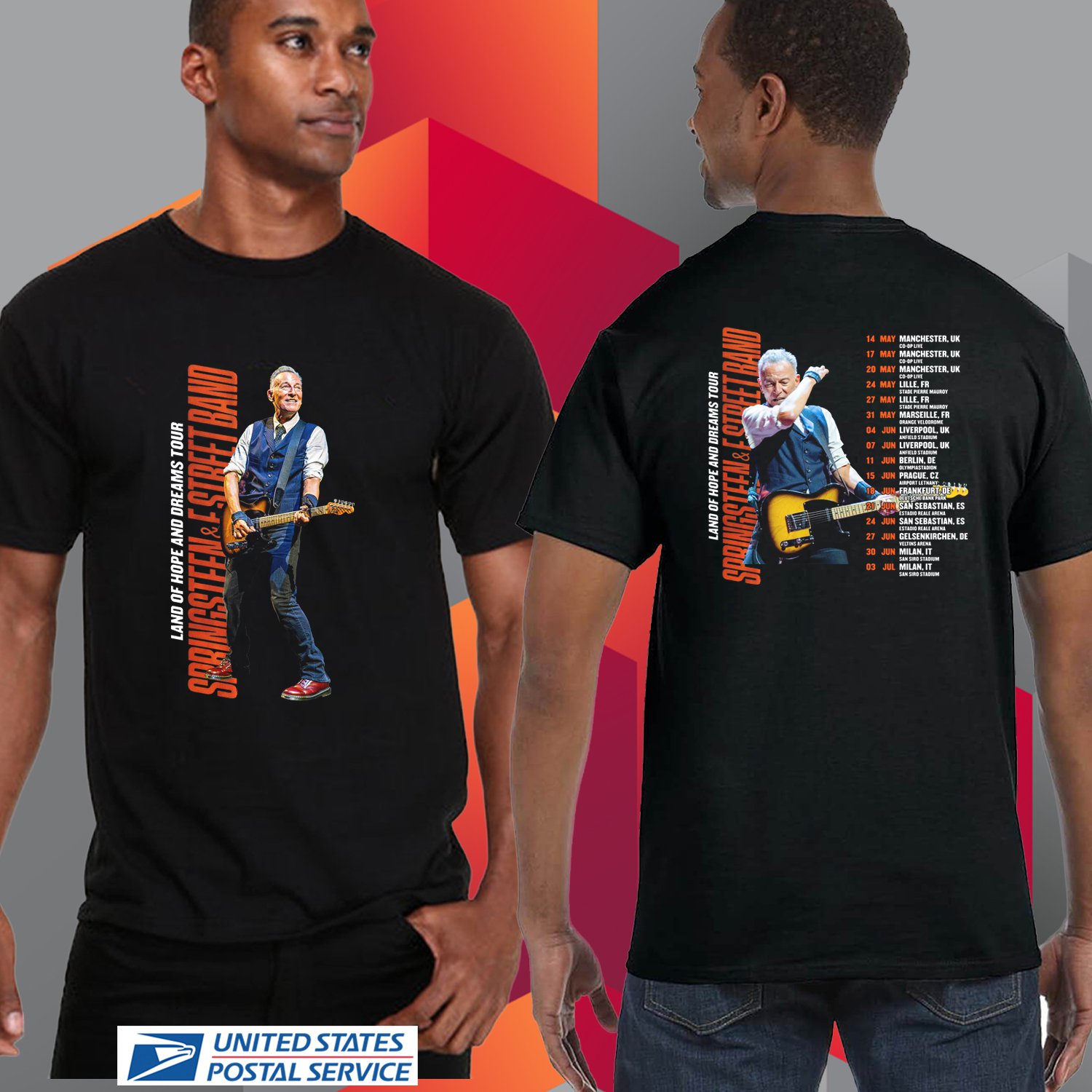 BRUCE SPRINGSTEEN & E STREET BAND LAND OF HOPE AND DREAMS UK TOUR 2025. UNISEX BLACK TEE CS81
