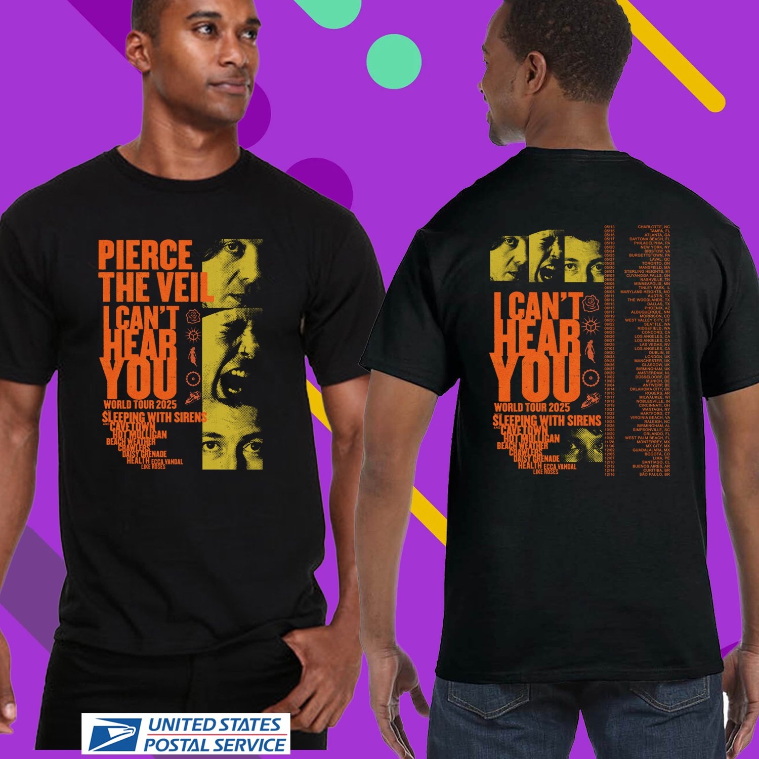 PIERCE THE VEIL I CANT HEAR YOU WORLD TOUR 2025. PIERCE THE VEIL. UNISEX BLACK TEE CS81