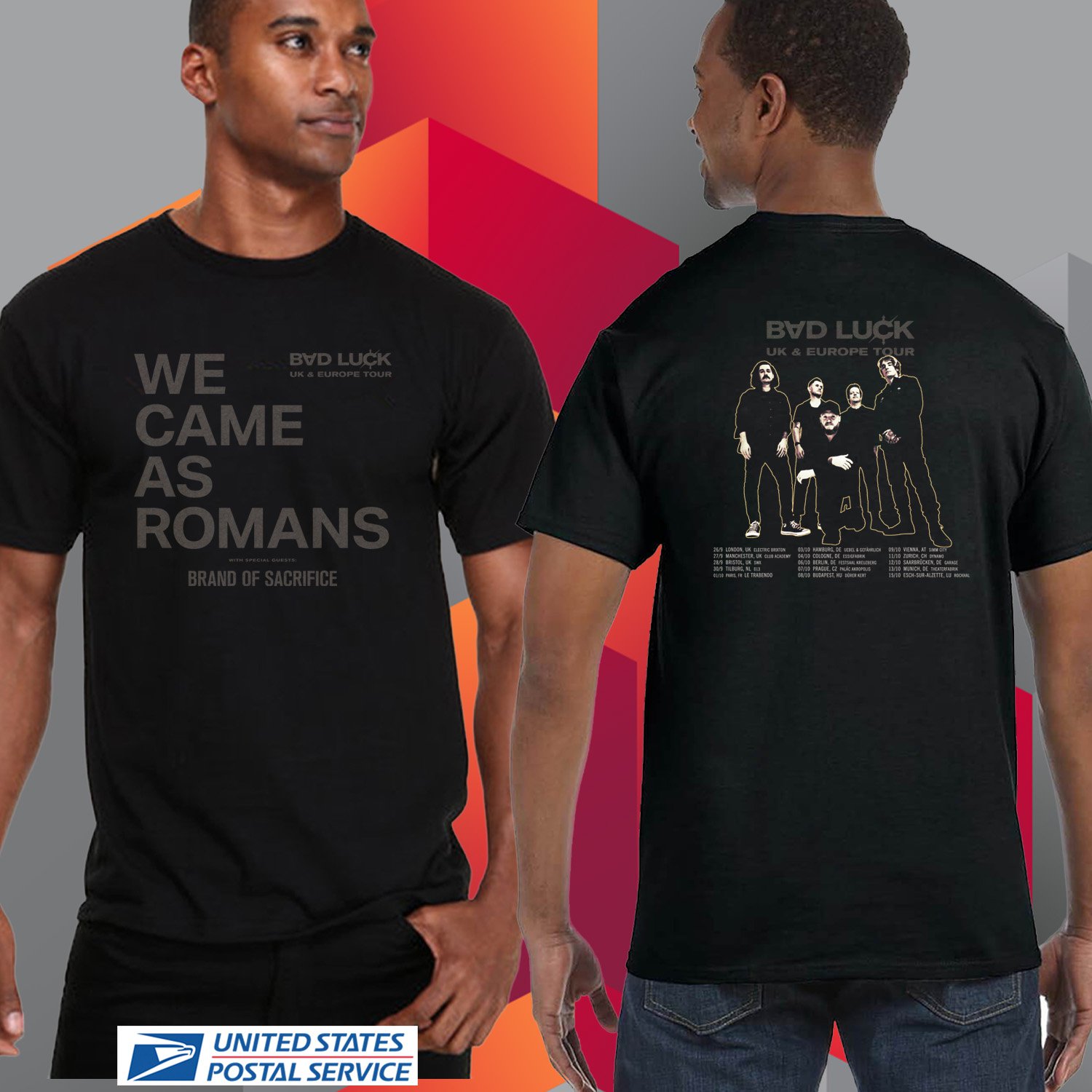 WE CAME AS ROMANS BAD LUCK EUROPE UK TOUR 2025. WE CAME AS ROMANS. UNISEX BLACK TEE CS81