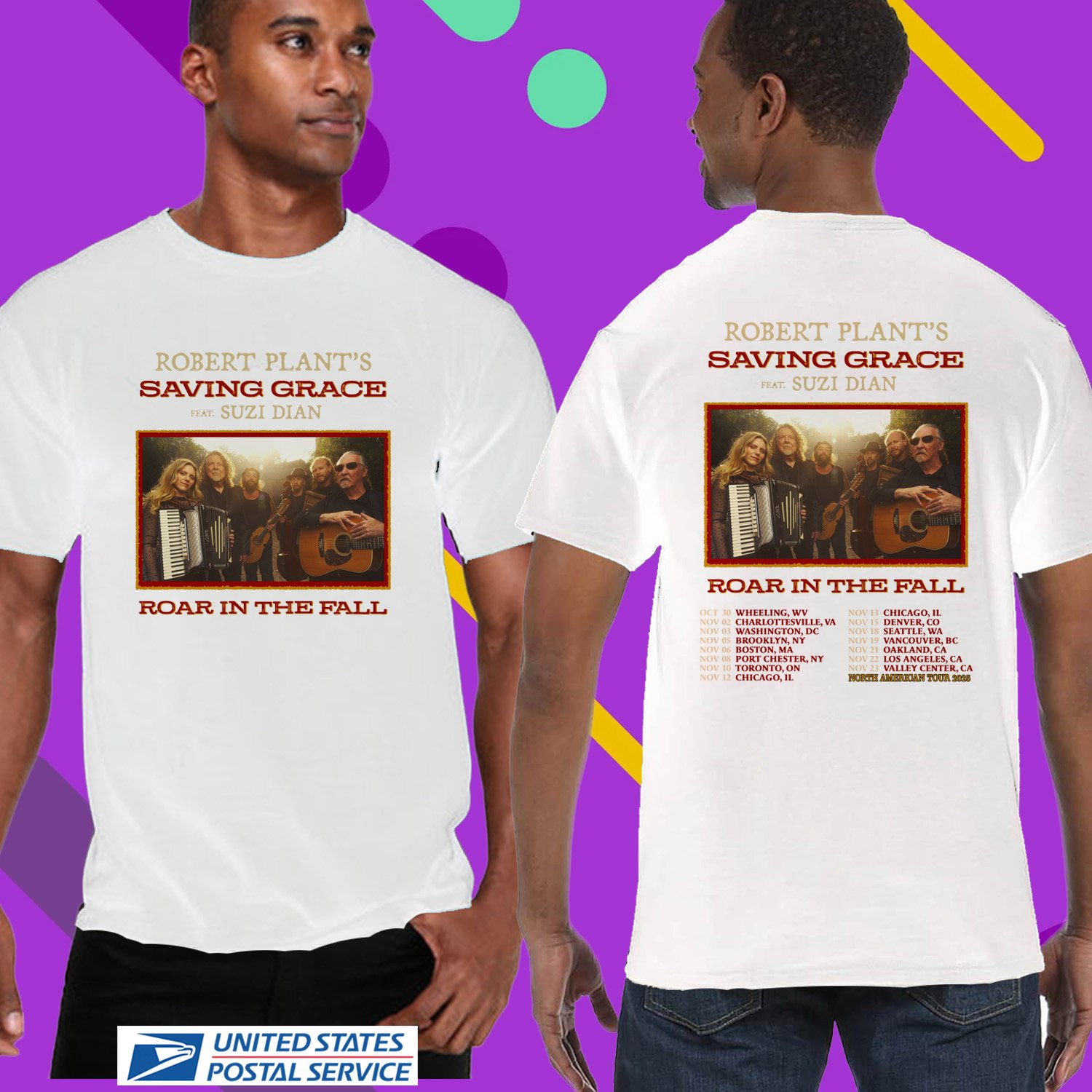 ROBERT PLANT SAVING GRACE ROAR IN THE FALL TOUR 2025. ROBERT PLANT. UNISEX WHITE TEE CS81